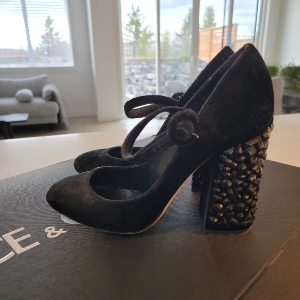 Dolce & Gabbana Mary Jane Heels Shoes Black Leather Velvet Size 38